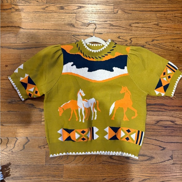THML Women's Graphic Sweater - Olive, Orange & Navy, NWT M and L - Picture 2 of 3